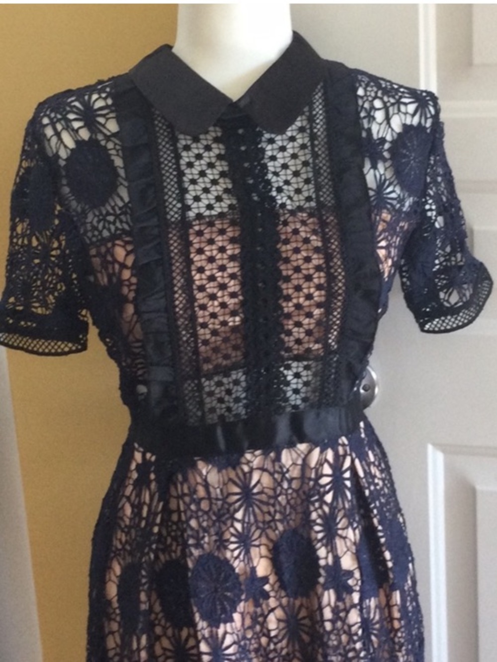 Self-Portrait Navy Crochet Lace Midi Dress with Nude Slip